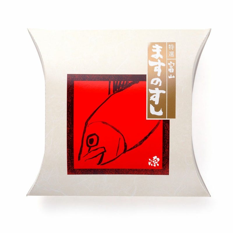 源の鱒寿司「特選ますのすし」のパッケージ画像。赤背景に鱒の絵と富山ますのすしの字が書かれています。