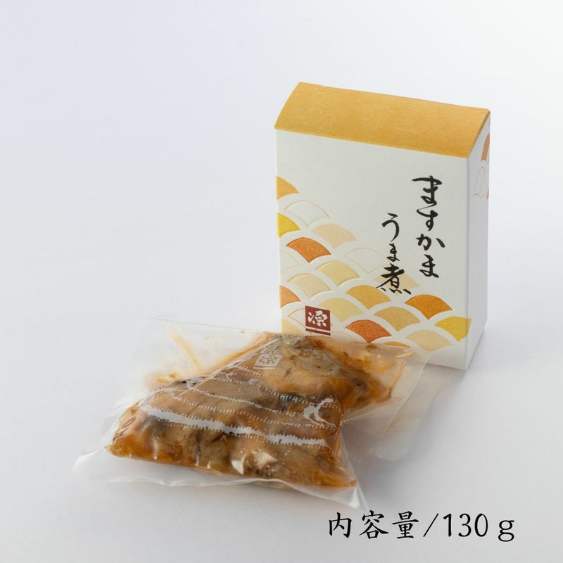 ますかまうま煮のパッケージ画像です。箱サイズが記載されています。