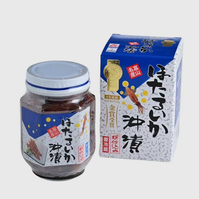 ほたるいか沖漬の瓶ラベルと化粧箱の商品画像です。