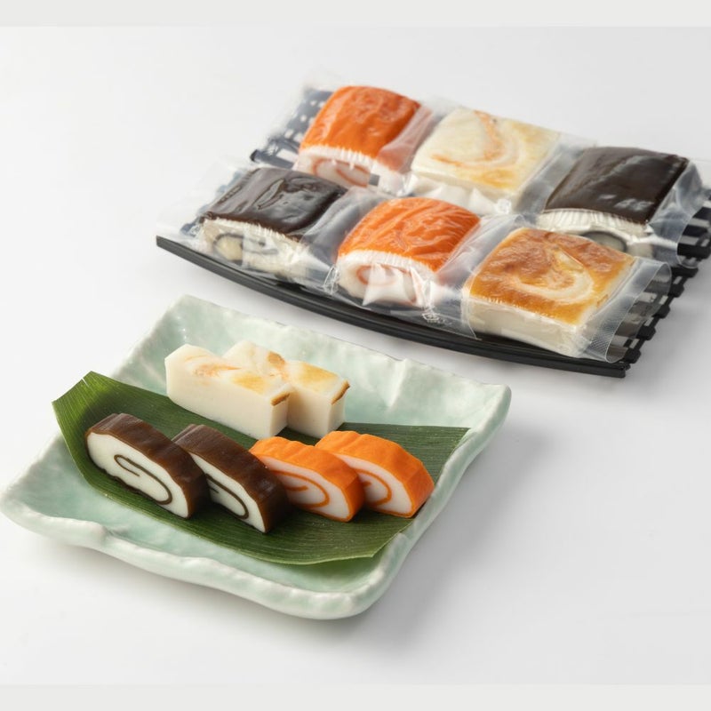 ハーフかまぼこ６個セットがお皿に盛付けされた商品画像です。