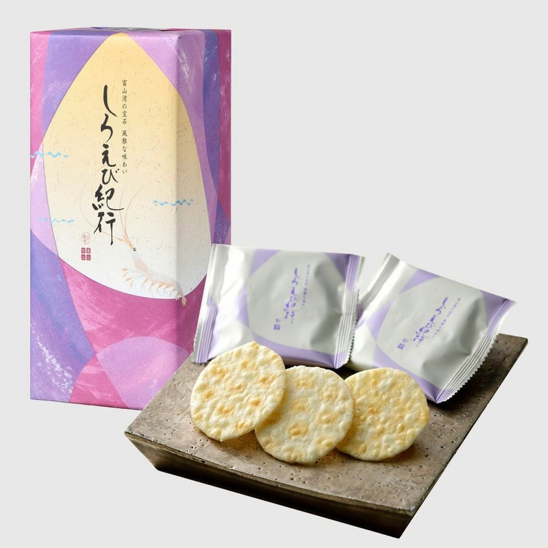 しろえび紀行（箱入り）のパッケージ&皿盛り画像です。