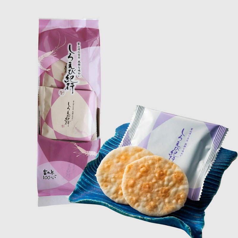 しろえび紀行（袋入り）のパッケージ&皿盛り画像です。