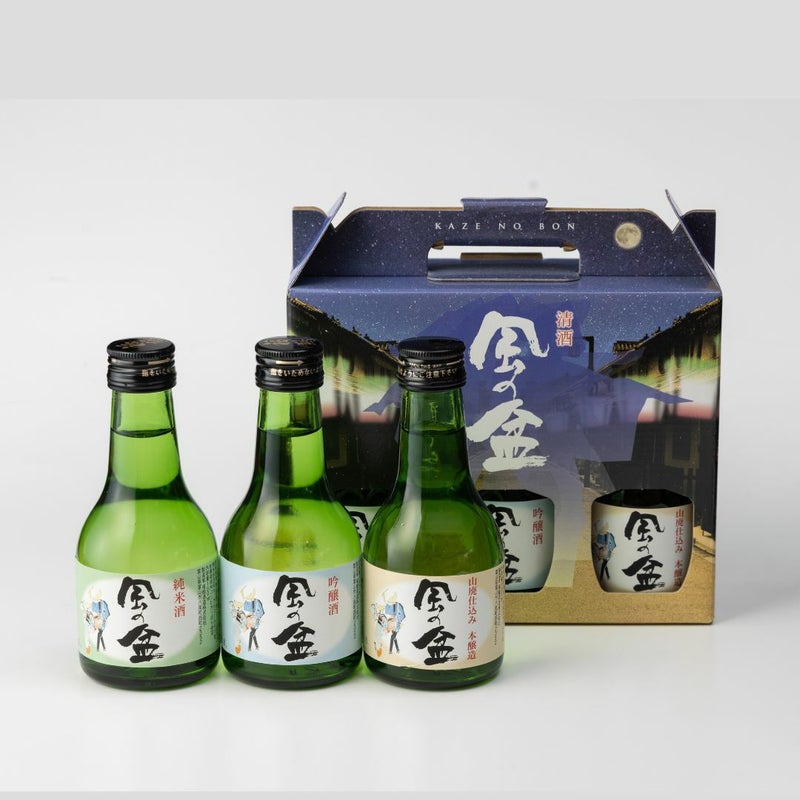 富山県八尾市の福鶴酒造が作るお酒「風の盆」の瓶ラベル&化粧箱パッケージの画像。