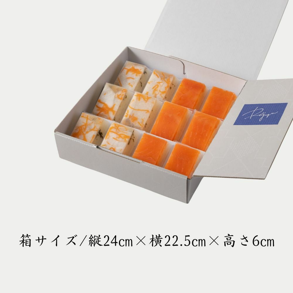 Rejyu（レジュウ）のますとぶりの２種類の味が６つずつ入ったセット画像です。箱サイズが記載されています。