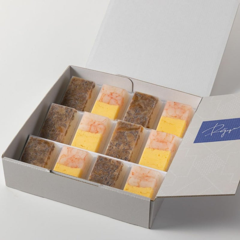 Rejyu（レジュウ）の氷見産牛すきやきと甘えびと玉子の味が６つずつ入ったセット画像です。