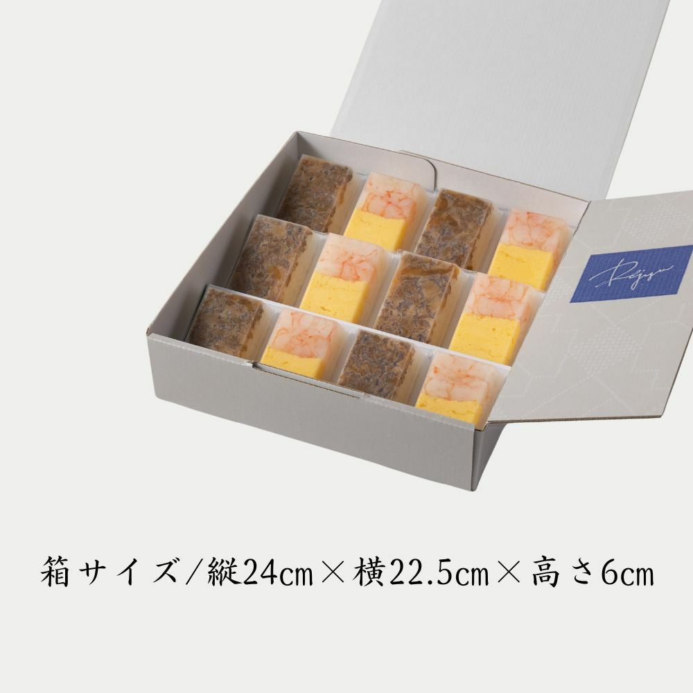Rejyu（レジュウ）の氷見産牛すきやきと甘えびと玉子のお味が６つずつ入ったセット画像です。箱サイズが記載されています。