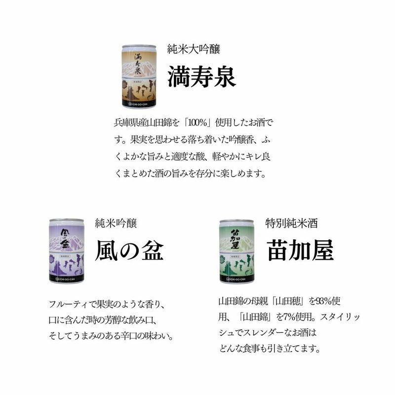 セット内容品「満寿泉・風の盆・苗加屋」のそれぞれの特色を記載しています。